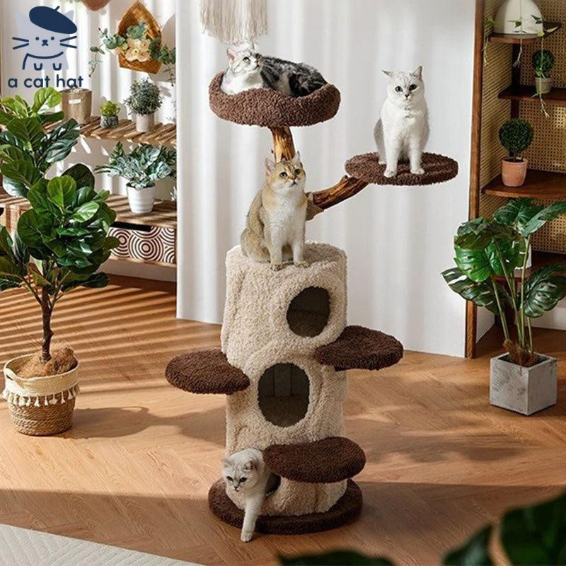 Dailypets Solid Wood Mushroom Cat Tree with Multi-Level Platforms and Sisal Scratching Posts