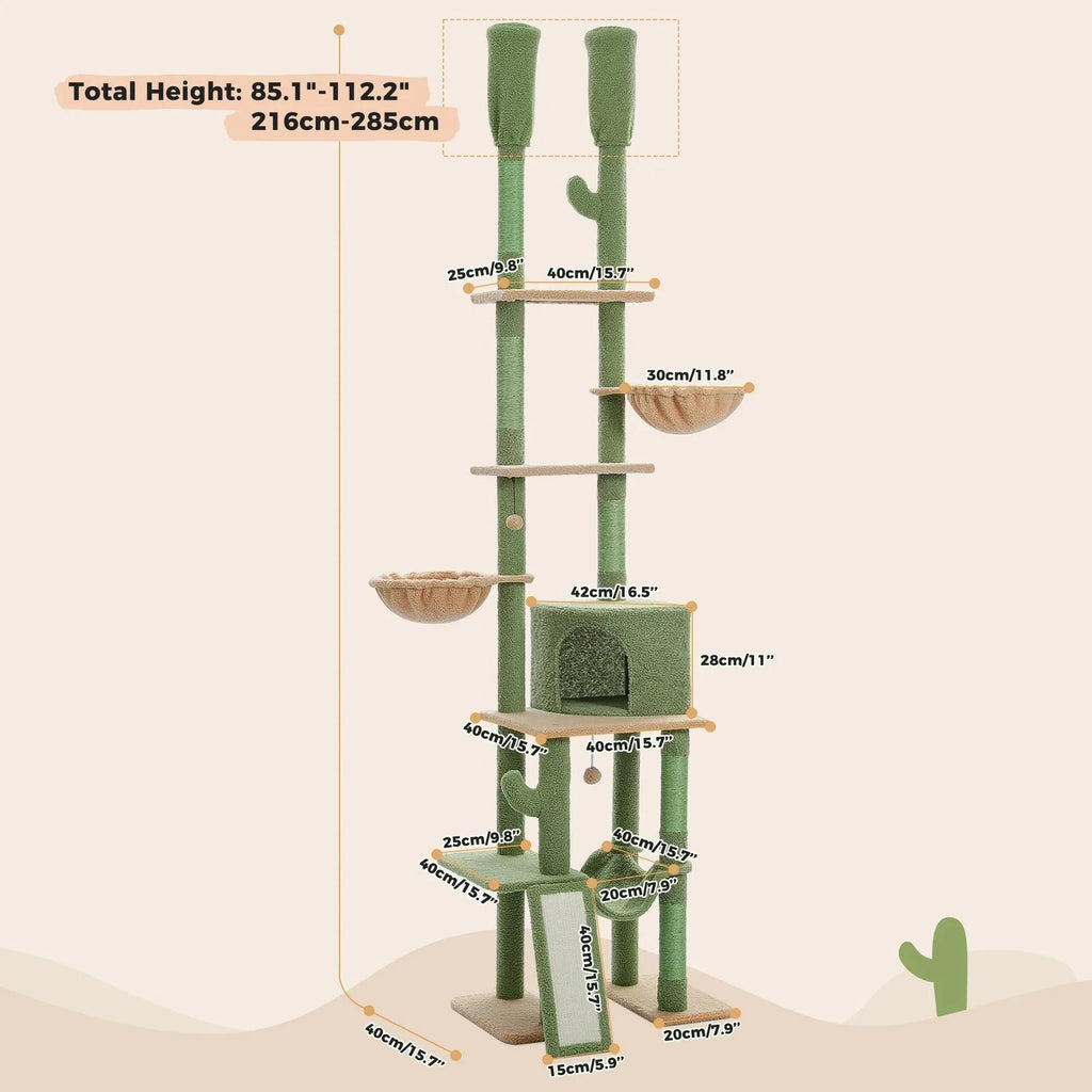 Dailypets Tall Cactus Cat Tree with Rattan Hanging Bed, Cozy Hideaway and Multi-Level Platforms