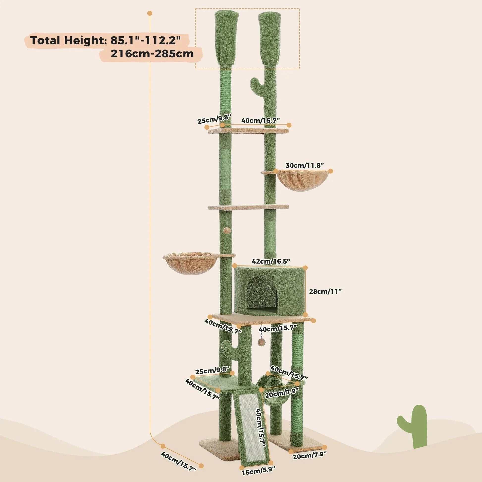 Dailypets Tall Cactus Cat Tree with Rattan Hanging Bed, Cozy Hideaway and Multi-Level Platforms