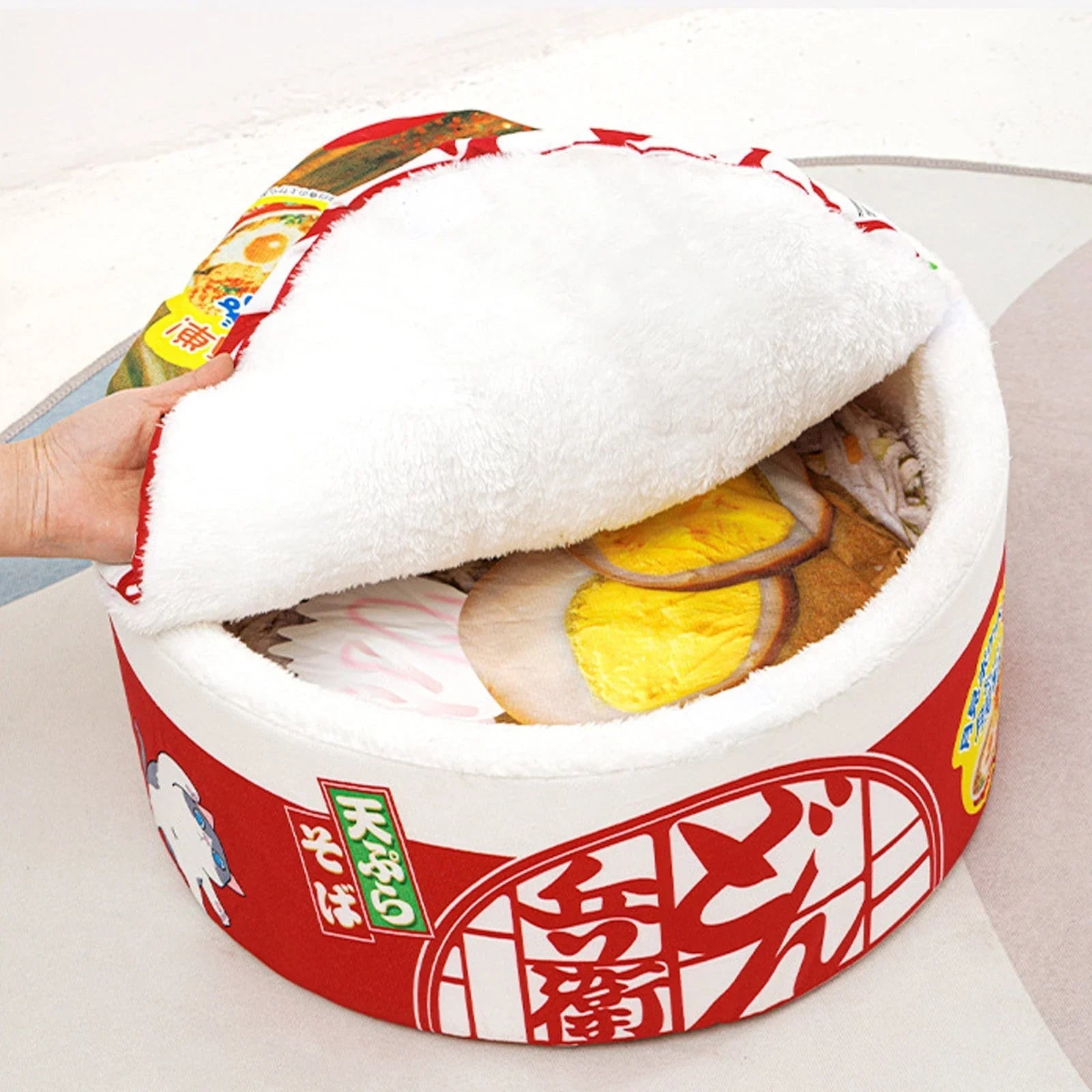 Dailypets Japanese Ramen Bowl Cat Bed – Plush Round Bed for Indoor Cats