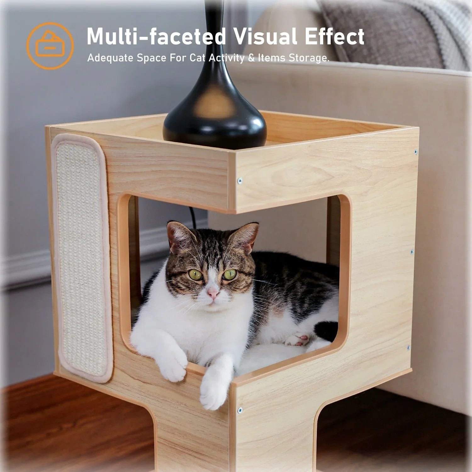 Dailypets Modern Side Table Cat Tree with Cozy Cat Condo, Scratching Post and Open Loungers