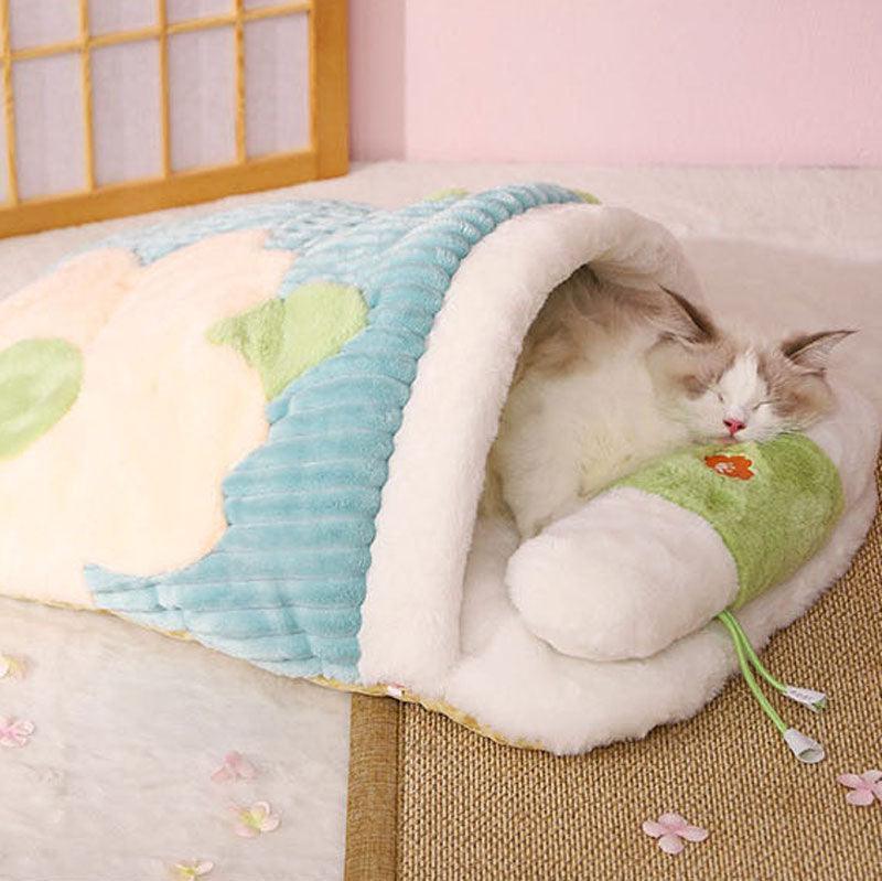 Dailypets Warm Cat Sleeping Bag – Flower Design Semi-Enclosed Bed for Indoor Cats