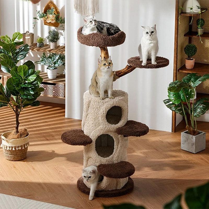Dailypets Solid Wood Mushroom Cat Tree with Multi-Level Platforms and Sisal Scratching Posts