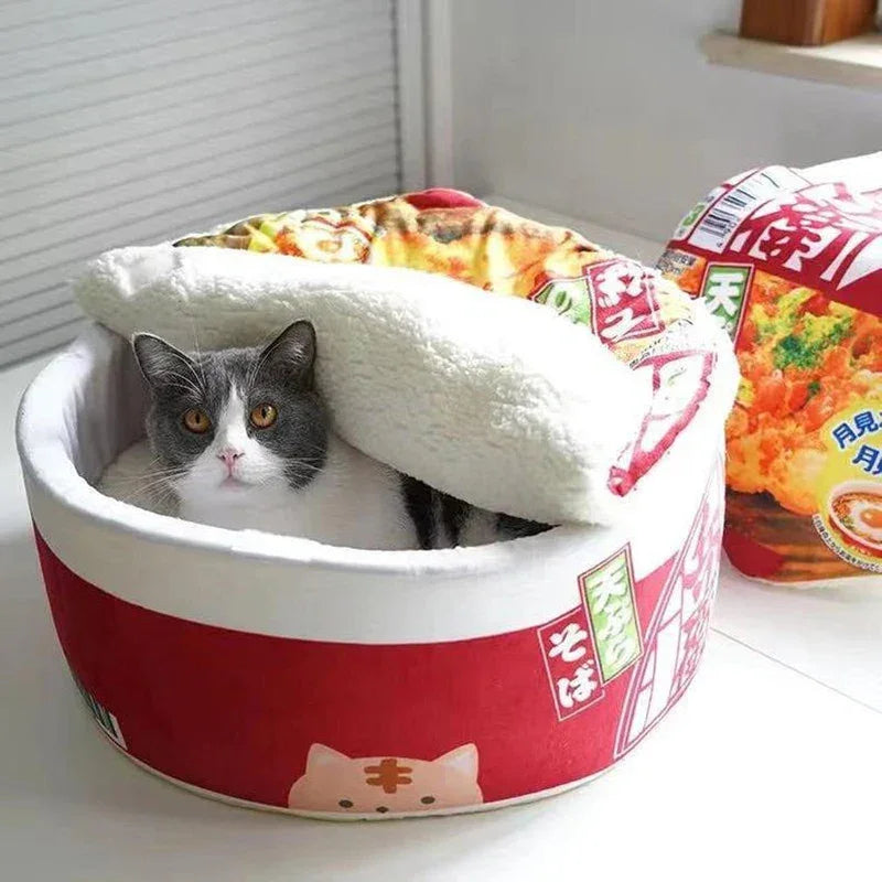 Dailypets Japanese Ramen Bowl Cat Bed – Plush Round Bed for Indoor Cats