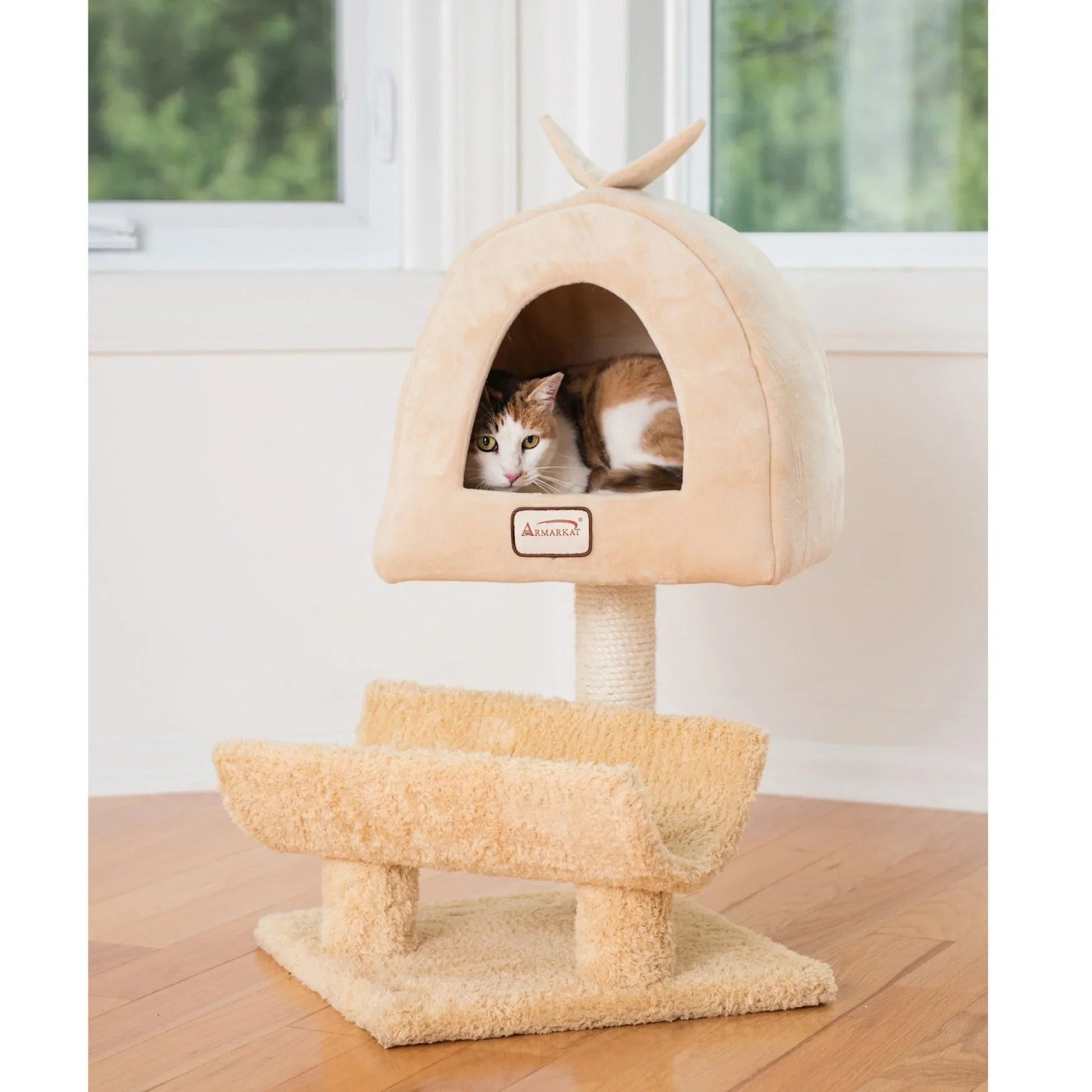 Dailypets Compact Cat Tree with Elevated Cabin Bed, Plush Platform and Sisal Scratching Post