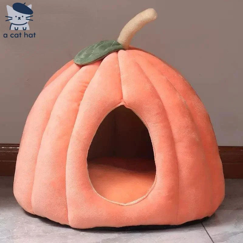 Dailypets Cozy Pumpkin-Shaped Semi-Enclosed Cat Bed with Soft Plush Warm Sleeping Nest