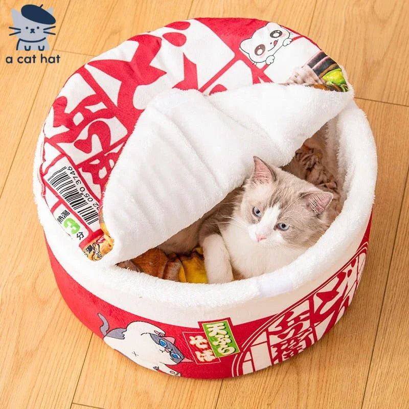 Dailypets Japanese Ramen Bowl Cat Bed – Plush Round Bed for Indoor Cats