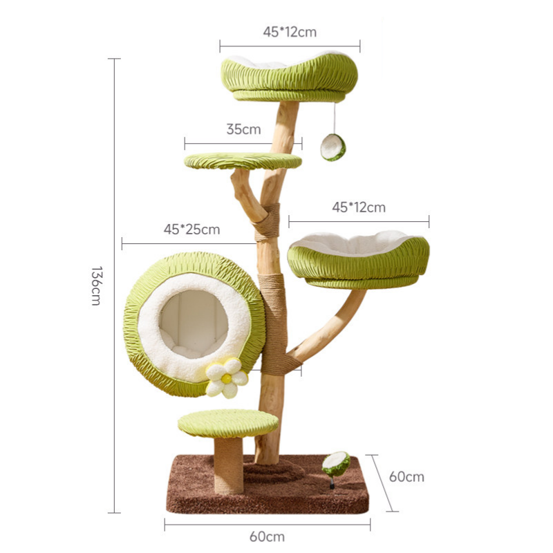 Dailypets Natural Wood Cat Tree with Coconut Cat Bed and Multi-Level Climbing Platforms