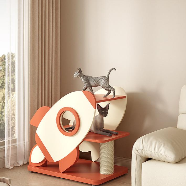 Dailypets Wooden Rocket Cat Tree with Sisal Scratching Posts and Cozy Capsules