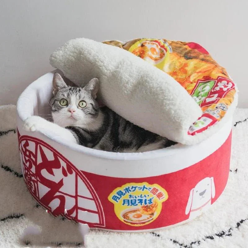 Dailypets Japanese Ramen Bowl Cat Bed – Plush Round Bed for Indoor Cats