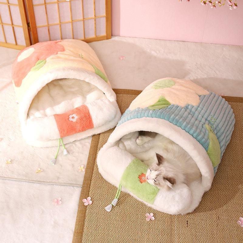 Dailypets Warm Cat Sleeping Bag – Flower Design Semi-Enclosed Bed for Indoor Cats