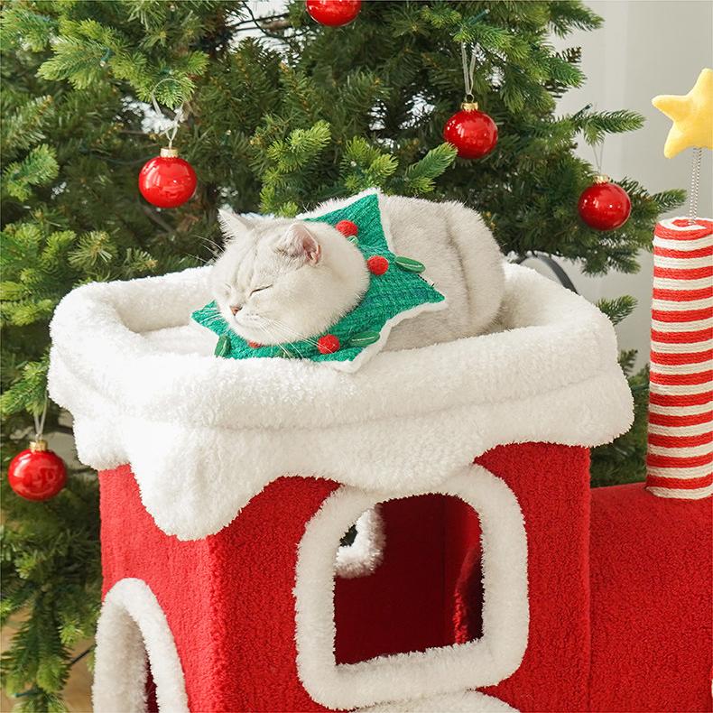 Dailypets Christmas Cat Activity Tree with Connected Cat Houses and Scratching Posts