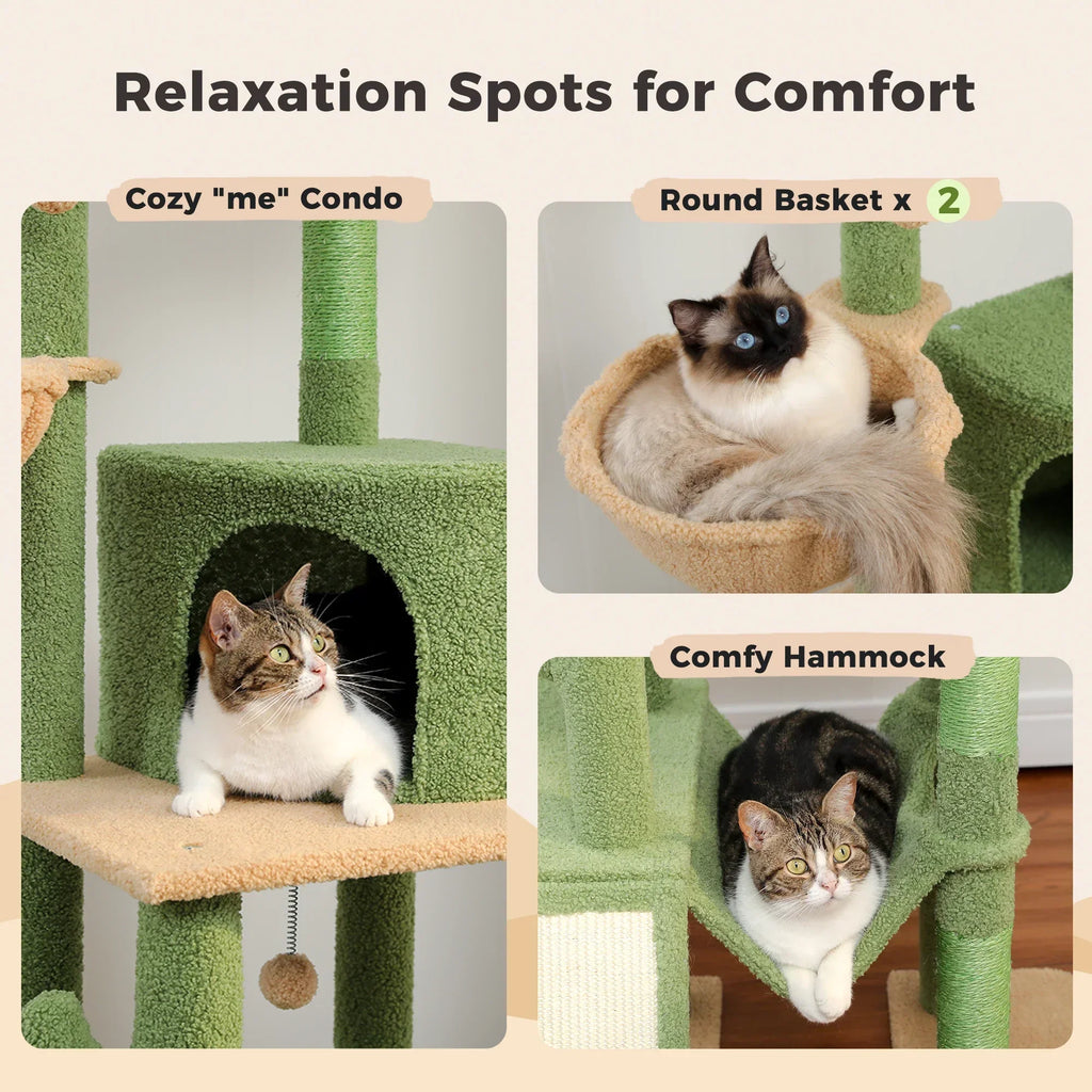 Dailypets Tall Cactus Cat Tree with Rattan Hanging Bed, Cozy Hideaway and Multi-Level Platforms