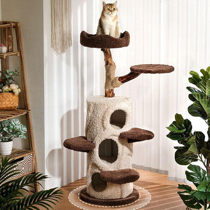 Dailypets Solid Wood Mushroom Cat Tree with Multi-Level Platforms and Sisal Scratching Posts