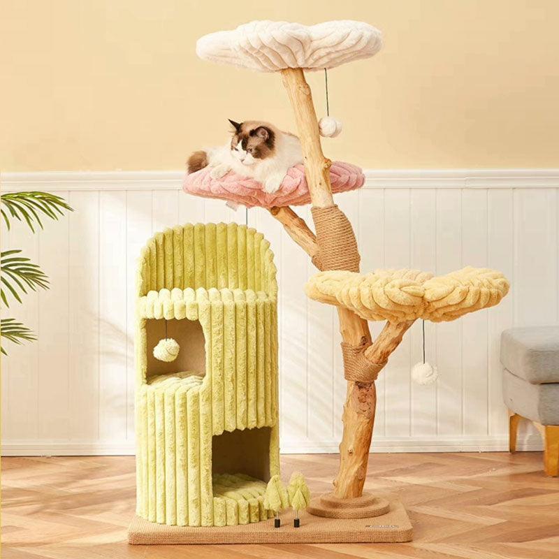 Dailypets Flower Cloud-Top Cat Tree with Fruitwood Posts and Cozy Cat Cave for Indoor Cats