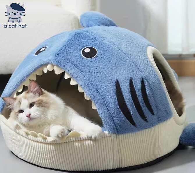 Dailypets Cute Shark Cat House – Warm Enclosed Bed for Cats and Small Pets