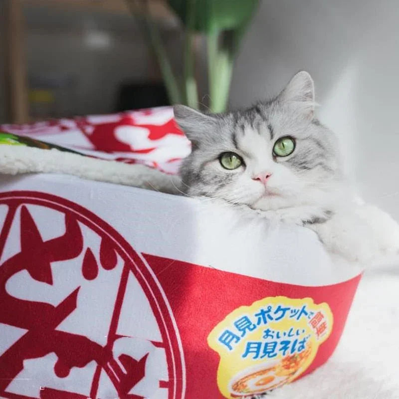 Dailypets Japanese Ramen Bowl Cat Bed – Plush Round Bed for Indoor Cats