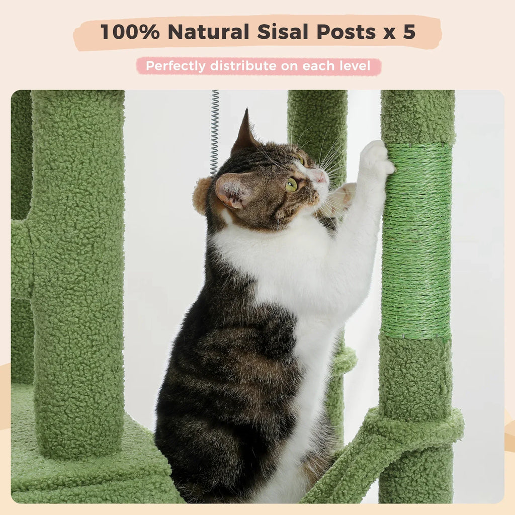 Dailypets Tall Cactus Cat Tree with Rattan Hanging Bed, Cozy Hideaway and Multi-Level Platforms