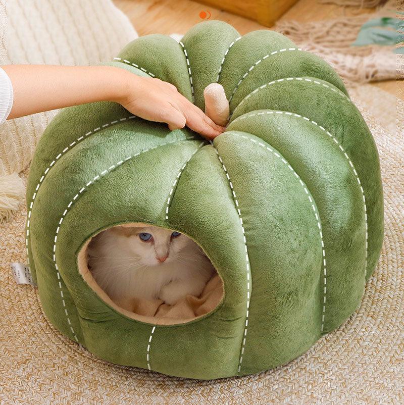 Dailypets Cozy Pumpkin-Shaped Semi-Enclosed Cat Bed with Soft Plush Warm Sleeping Nest