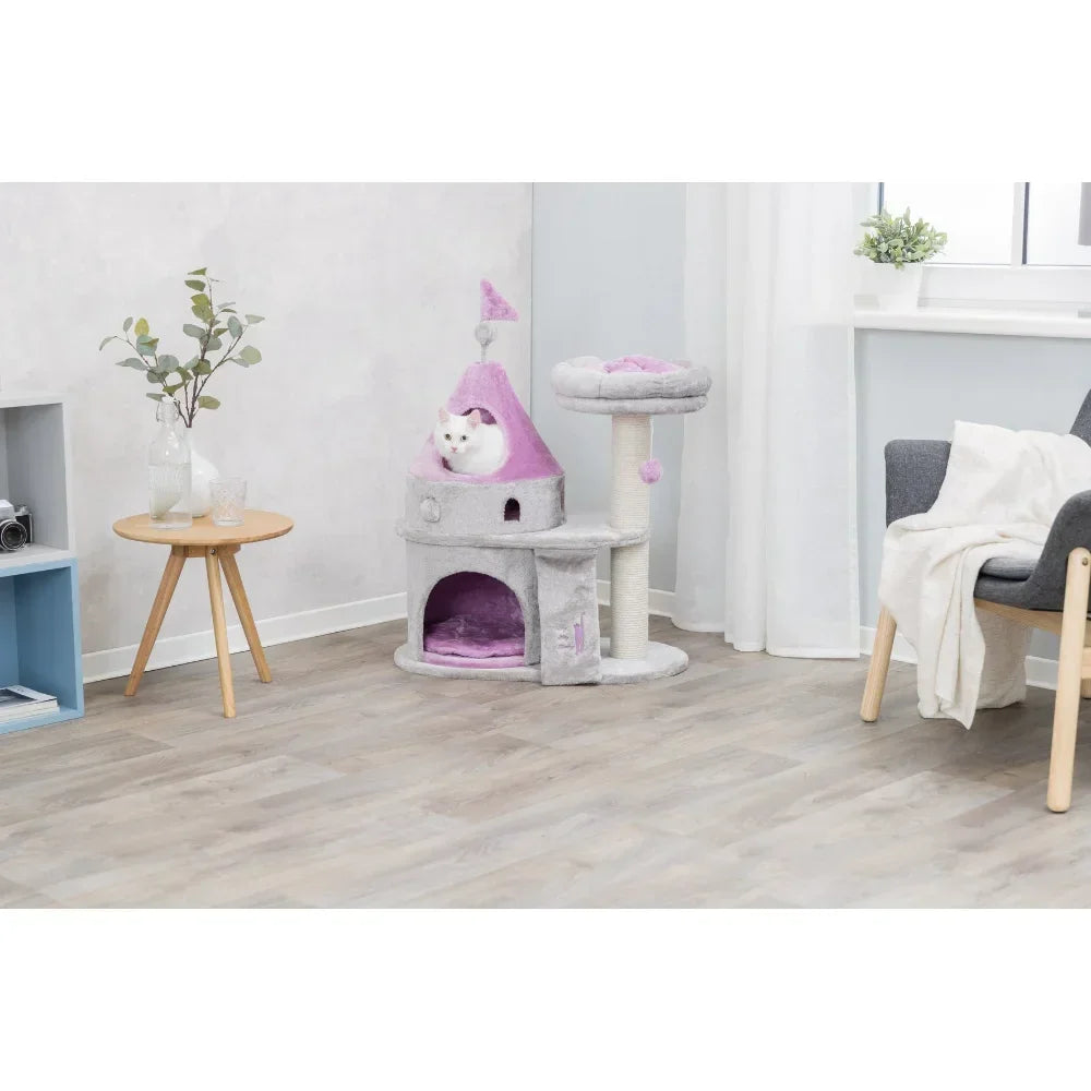 Dailypets Princess Castle Cat Tree with Plush Hideaway, Scratching Post and Elevated Lounger