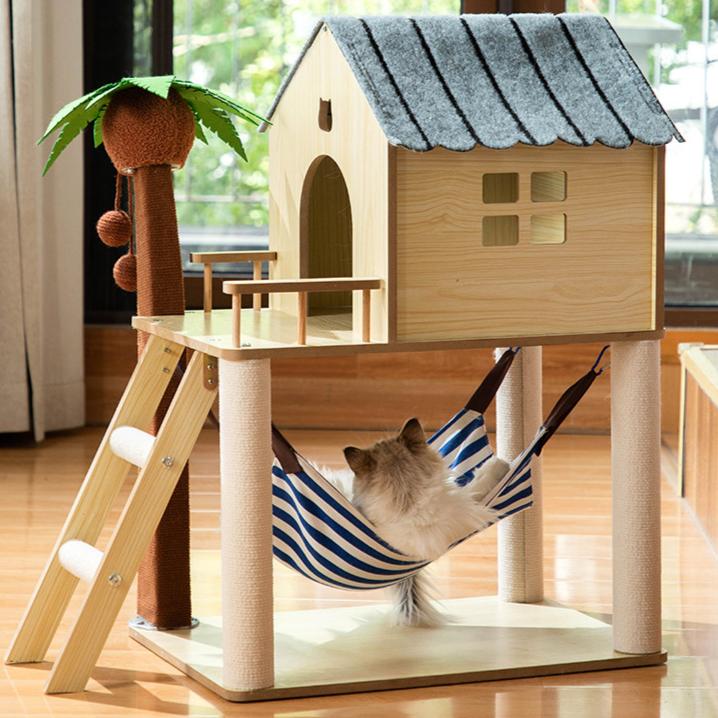 Dailypets Coconut Tree Cat Tree with Hammock and Cozy Cabin for Senior Indoor Cats