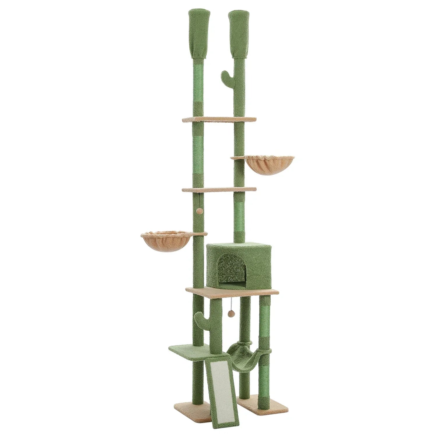 Dailypets Tall Cactus Cat Tree with Rattan Hanging Bed, Cozy Hideaway and Multi-Level Platforms
