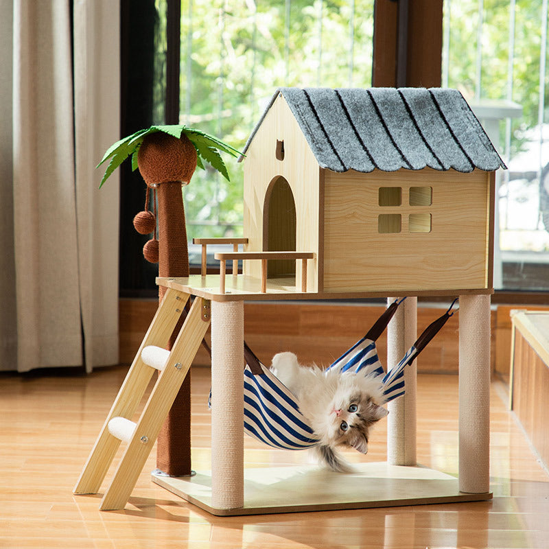Dailypets Coconut Tree Cat Tree with Hammock and Cozy Cabin for Senior Indoor Cats