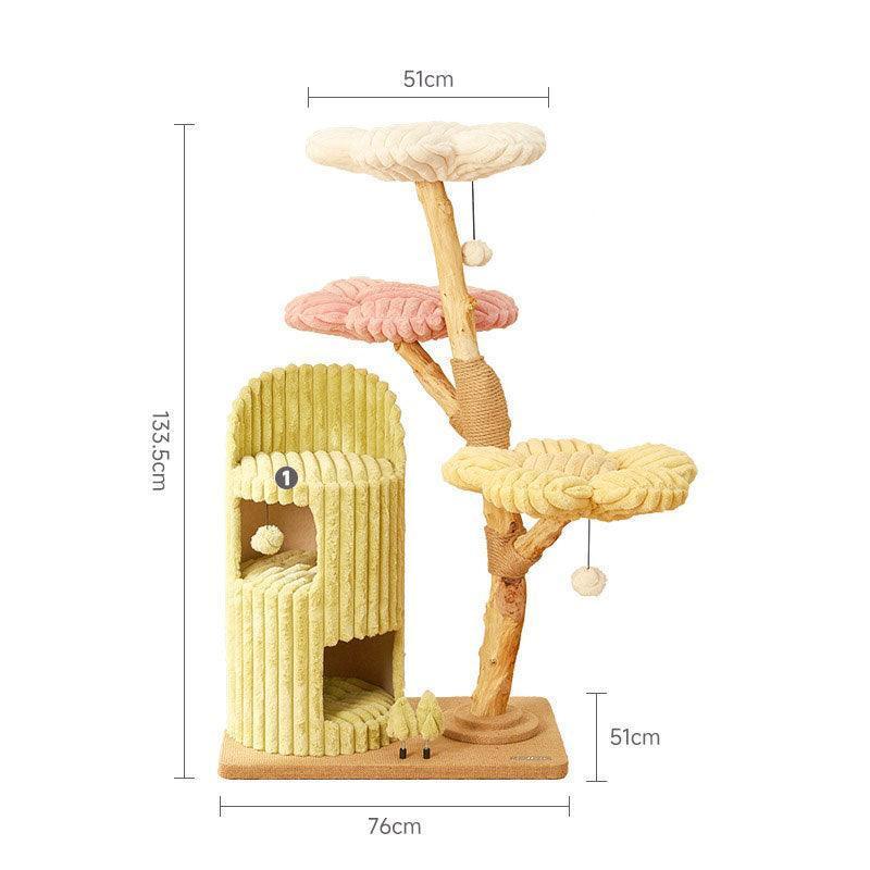 Dailypets Flower Cloud-Top Cat Tree with Fruitwood Posts and Cozy Cat Cave for Indoor Cats