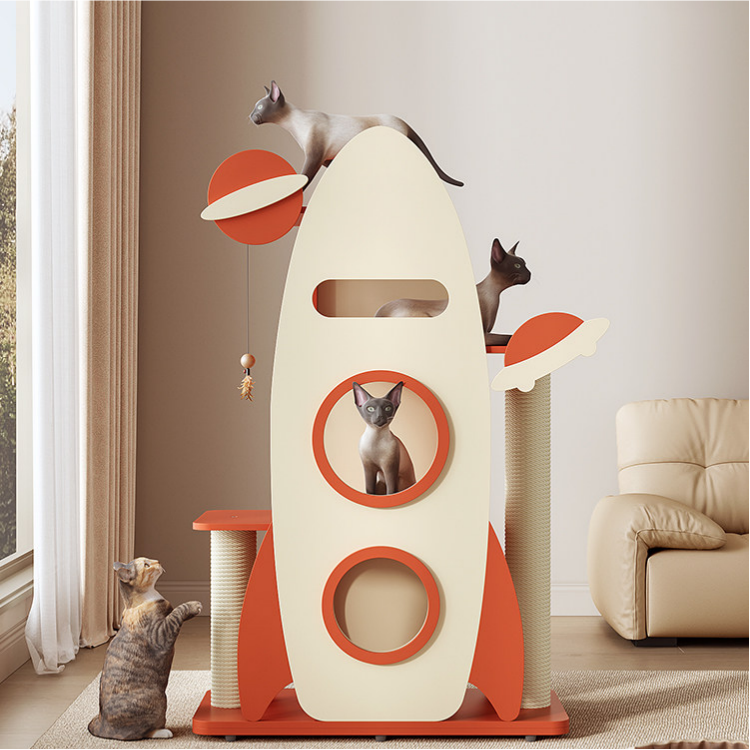 Dailypets Wooden Rocket Cat Tree with Sisal Scratching Posts and Cozy Capsules