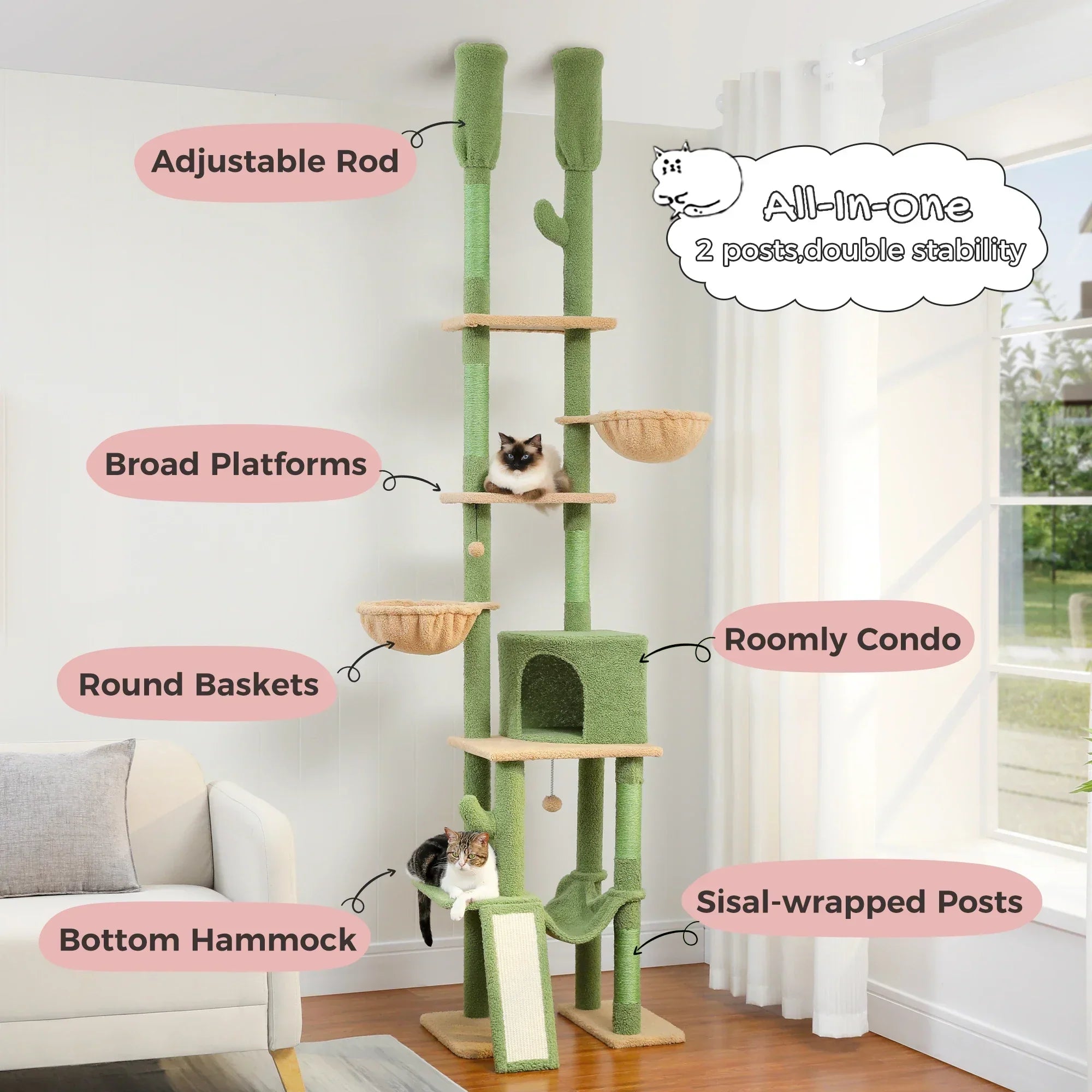 Dailypets Tall Cactus Cat Tree with Rattan Hanging Bed, Cozy Hideaway and Multi-Level Platforms