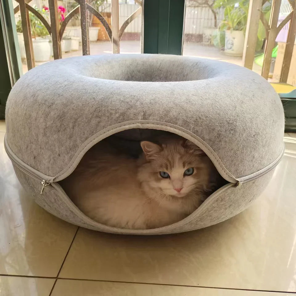 Dailypets Felt Cat Tunnel Bed with Enclosed Double-Layer Hideaway for Play and Rest