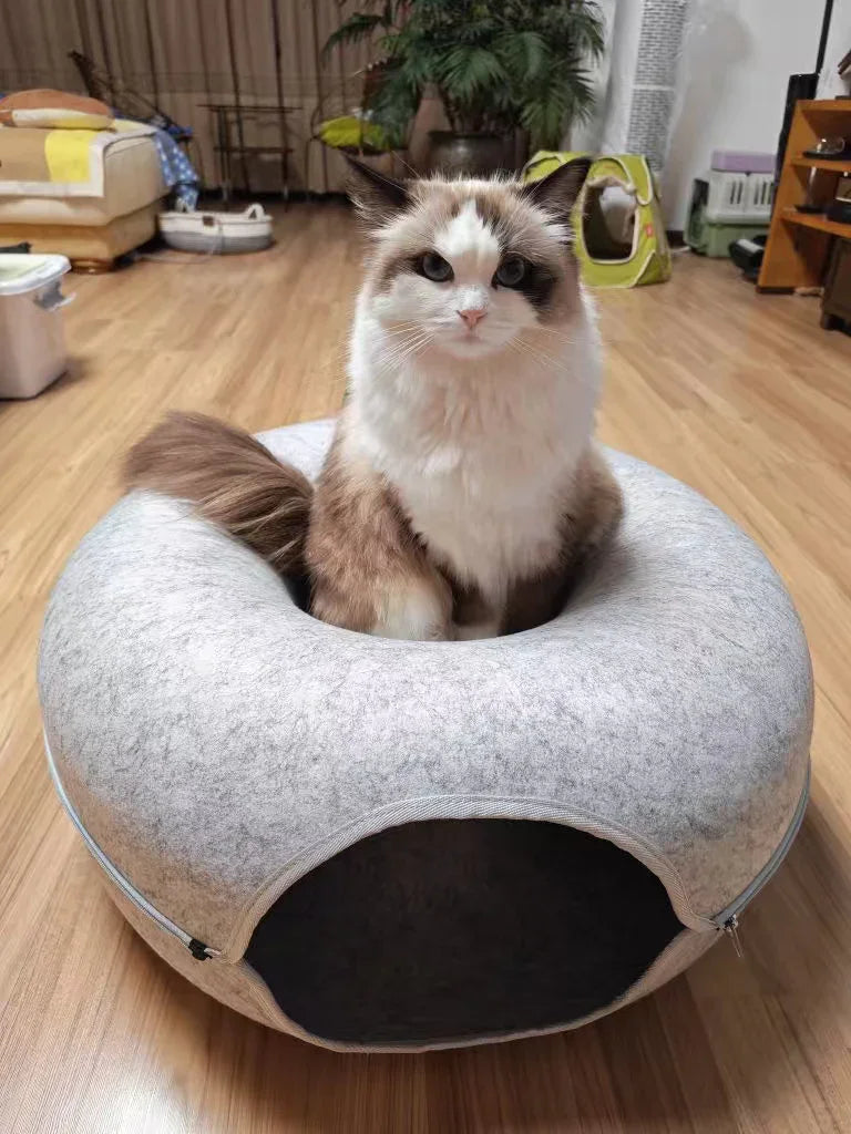 Dailypets Felt Cat Tunnel Bed with Enclosed Double-Layer Hideaway for Play and Rest