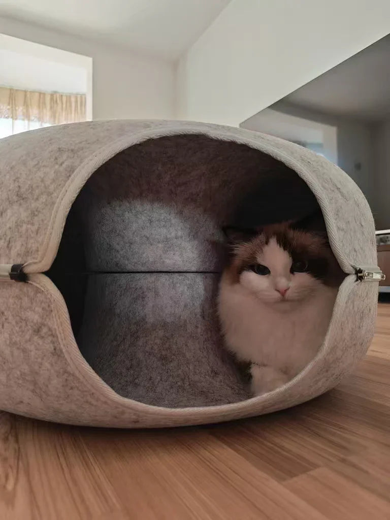 Dailypets Felt Cat Tunnel Bed with Enclosed Double-Layer Hideaway for Play and Rest