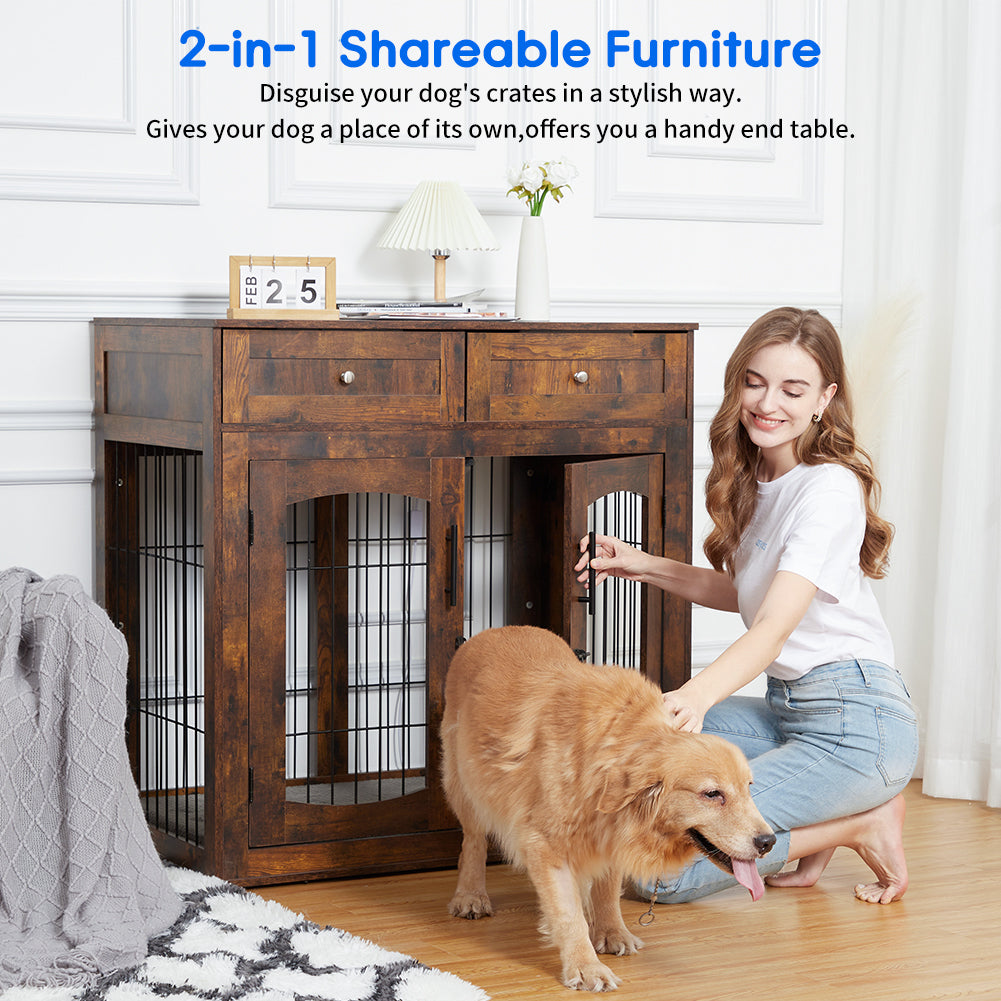 Dailypets Wooden Dog Crate Furniture with Cushion and 2 Storage Drawers