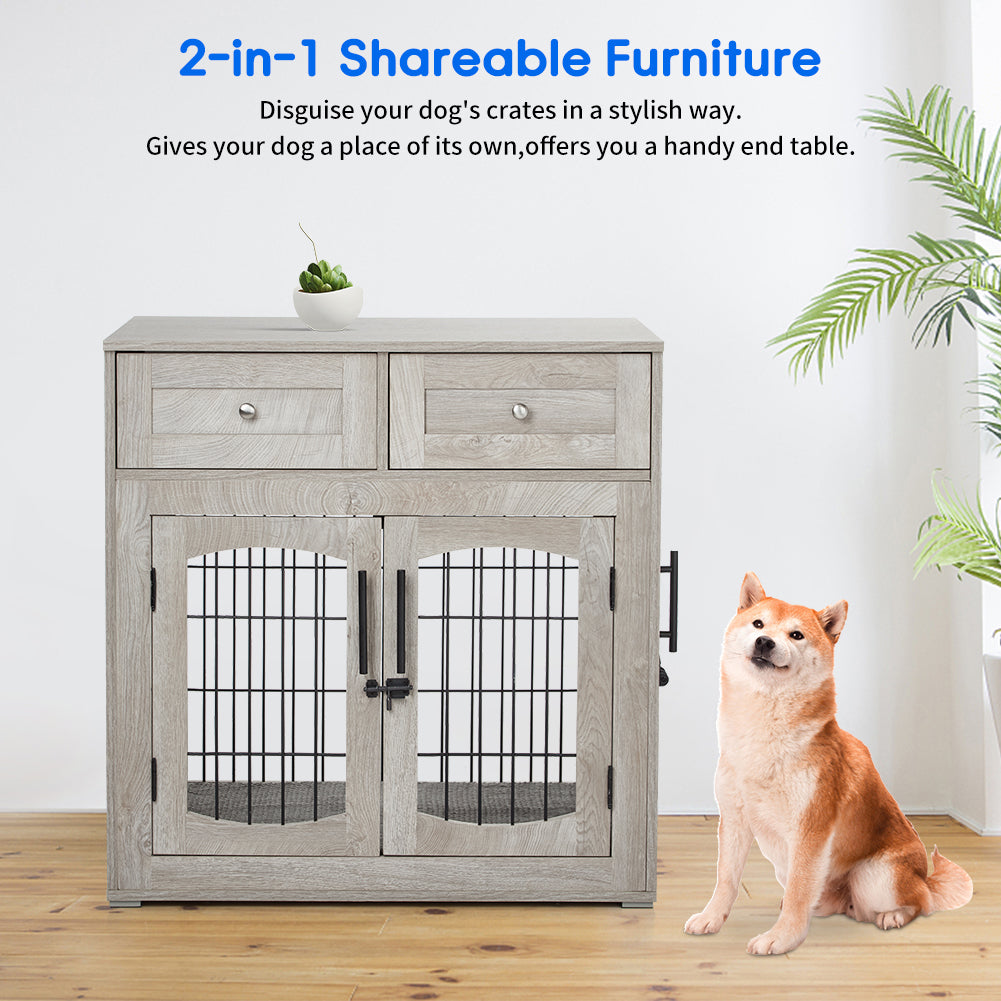 Dailypets Wooden Dog Crate End Table with 3 Doors, Storage Drawers & Cushion