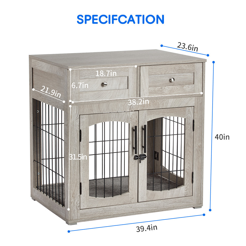 Dailypets Wooden Dog Crate End Table with 3 Doors, Storage Drawers & Cushion