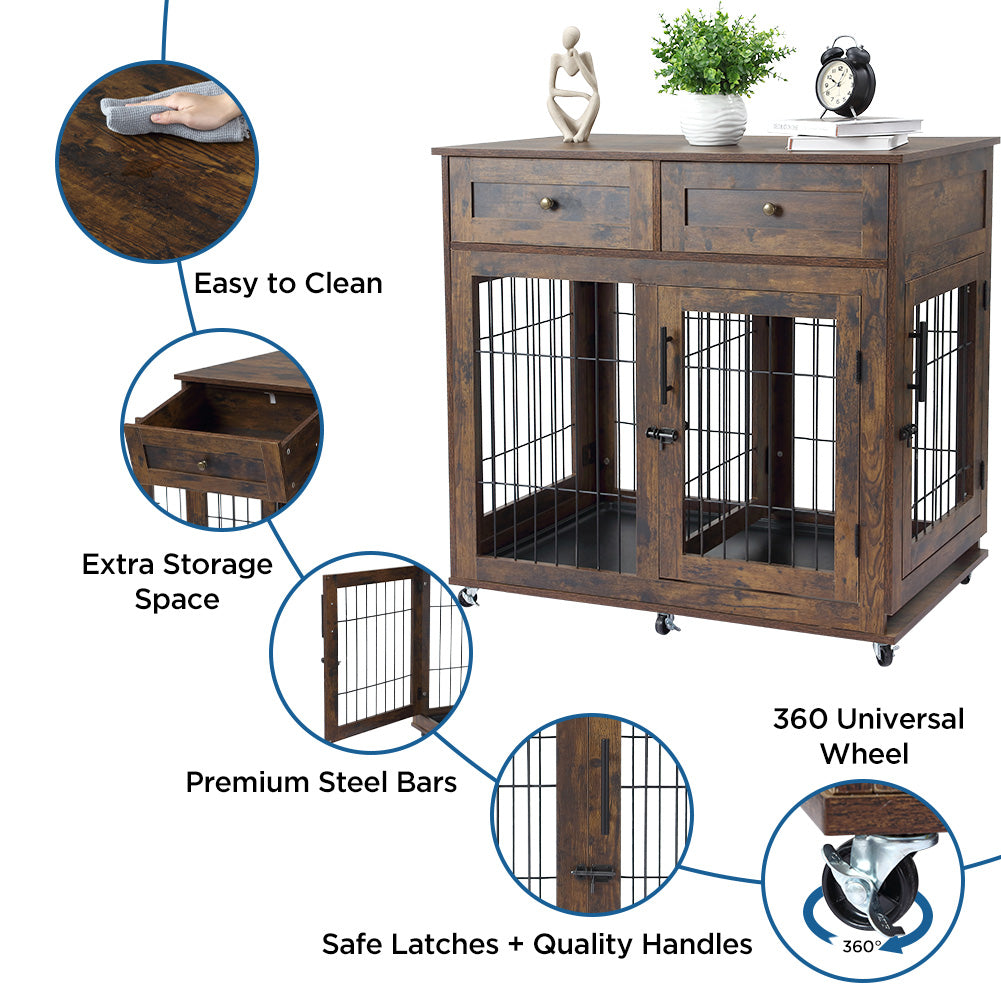 Dailypets Dual Room Wooden Dog Retreat with Storage Drawers