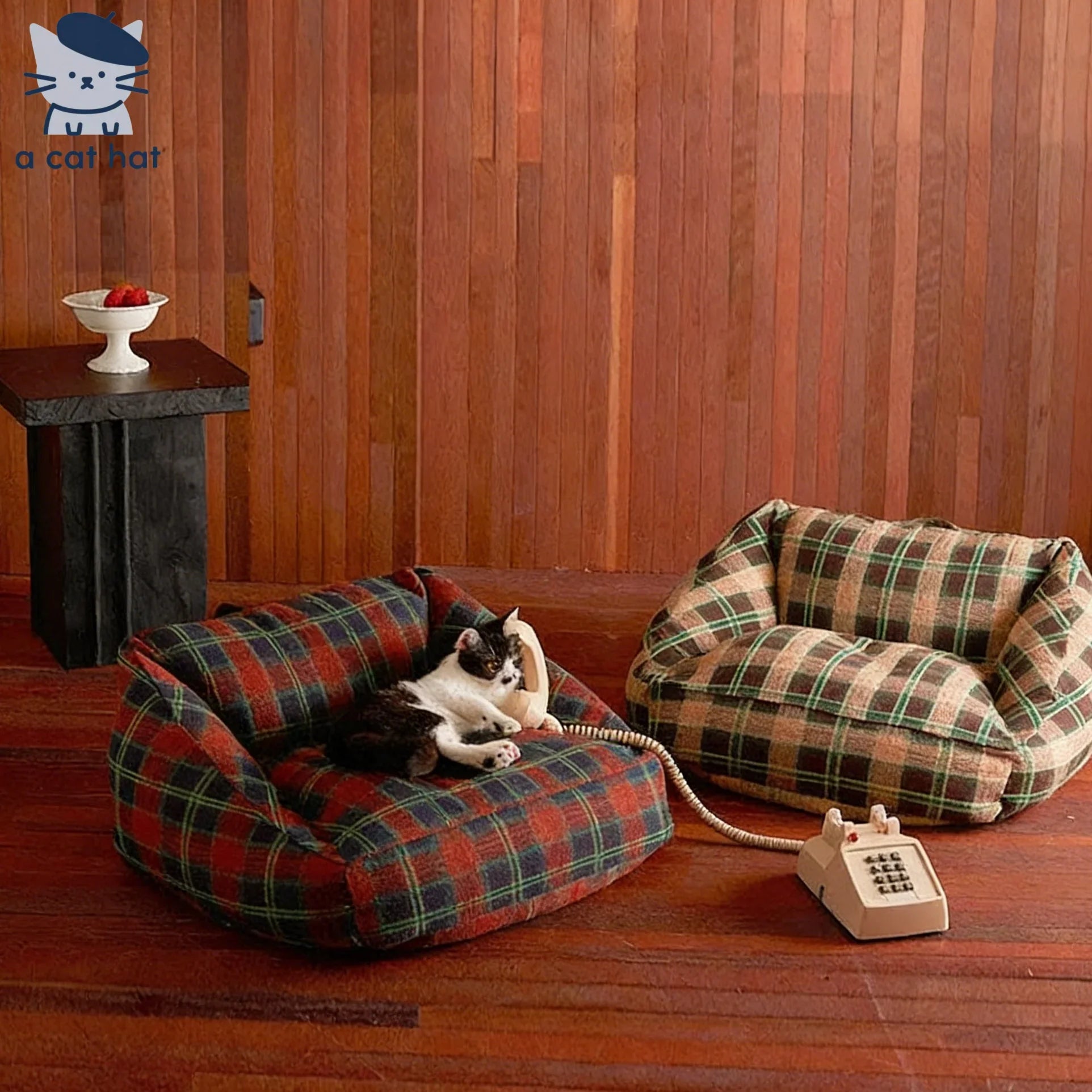 Dailypets Retro Cat Sofa Bed – Cushioned Plaid Pet Bed with Removable Cover
