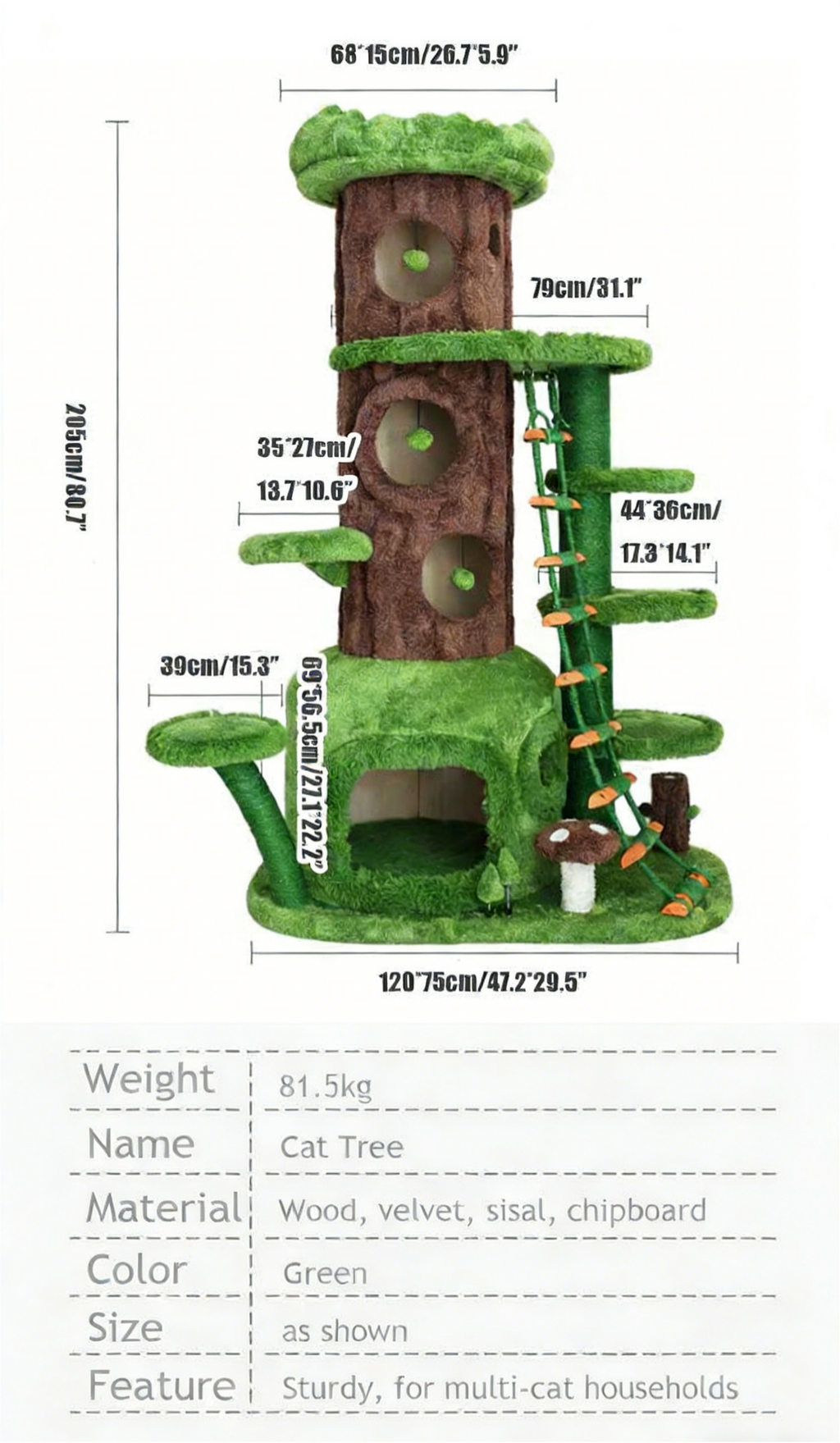 Dailypets Jungle Cat Tree – Tall 205cm Cat Castle for Large and Multi-Cat Homes
