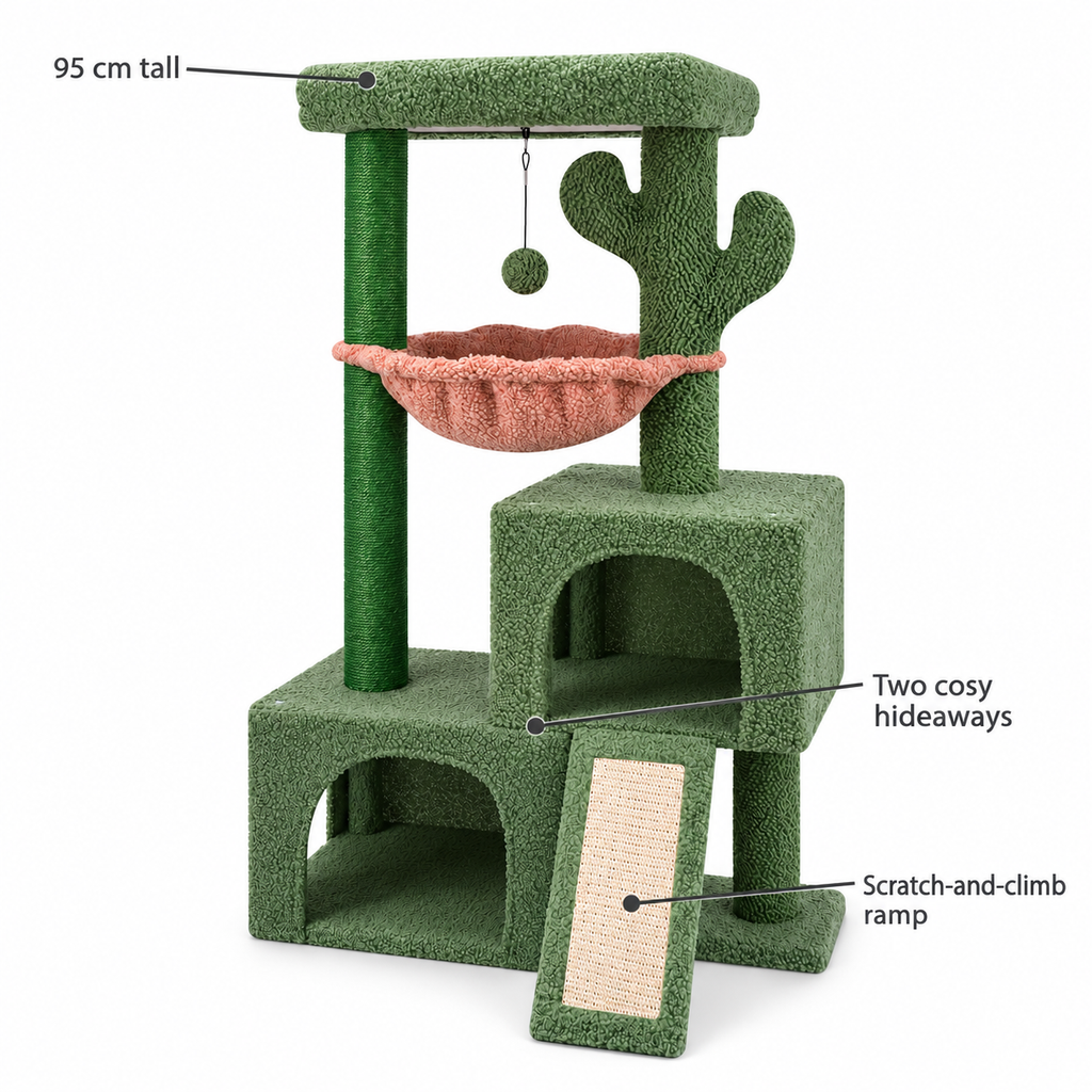 POUPIPETS Cat Tree Tower – 37.4" Cactus Condo with Hammock, Scratching Post & Perch