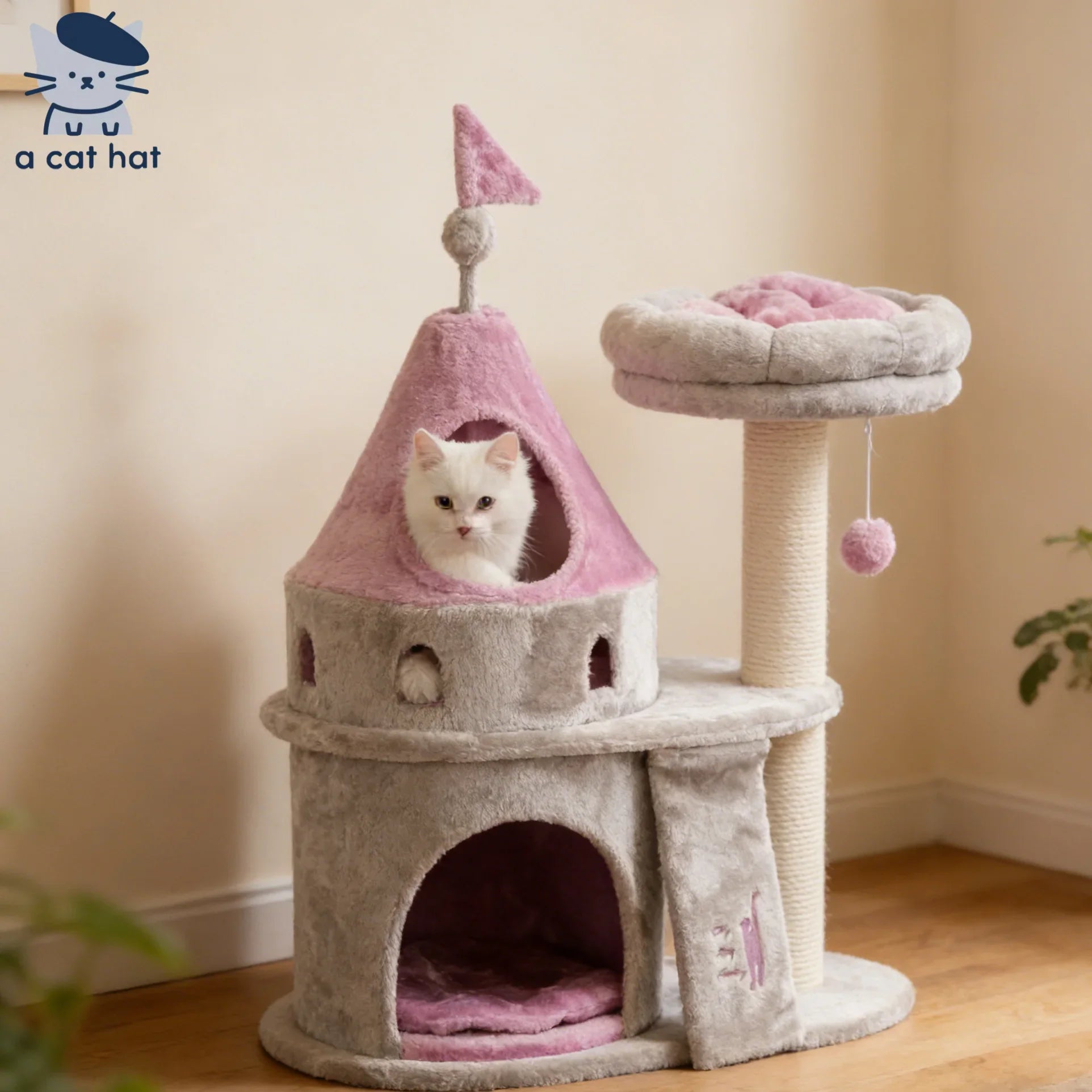 Dailypets Princess Castle Cat Tree with Plush Hideaway, Scratching Post and Elevated Lounger