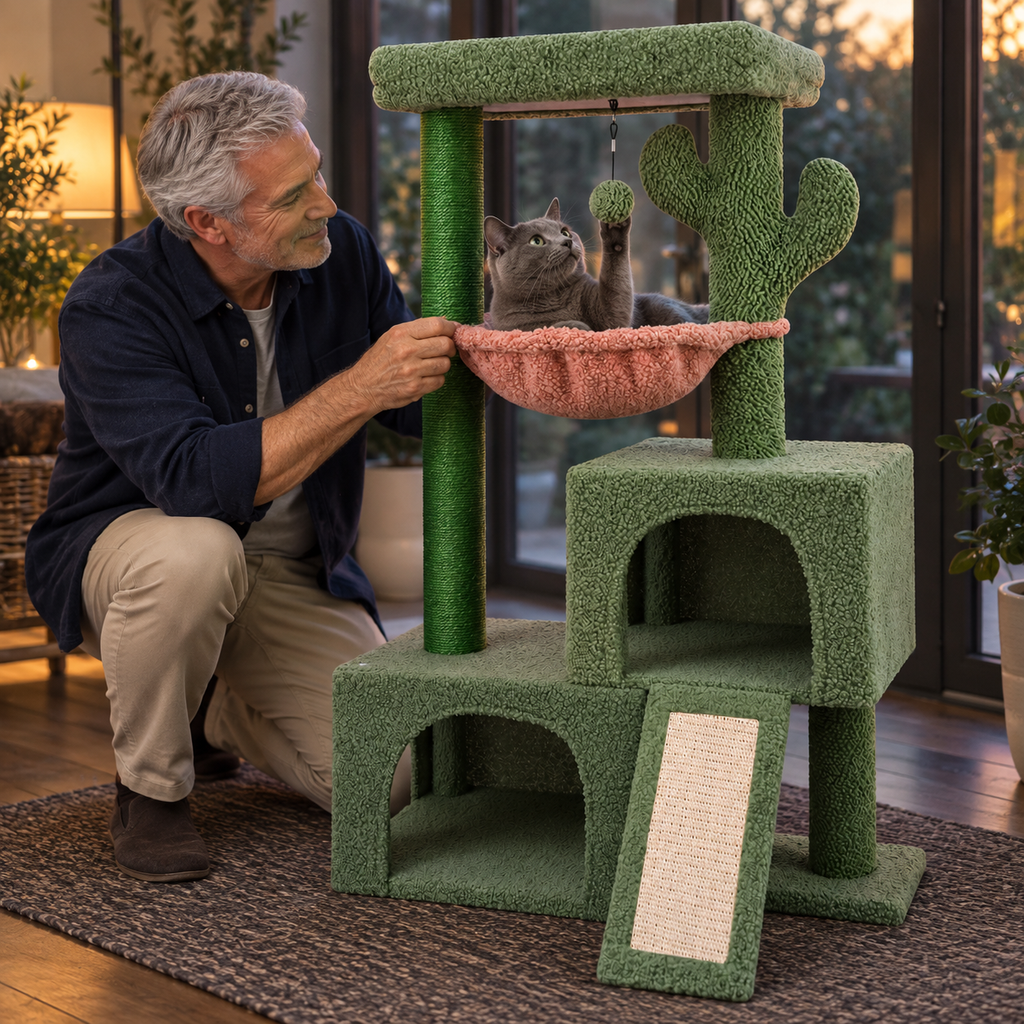 POUPIPETS Cat Tree Tower – 37.4" Cactus Condo with Hammock, Scratching Post & Perch