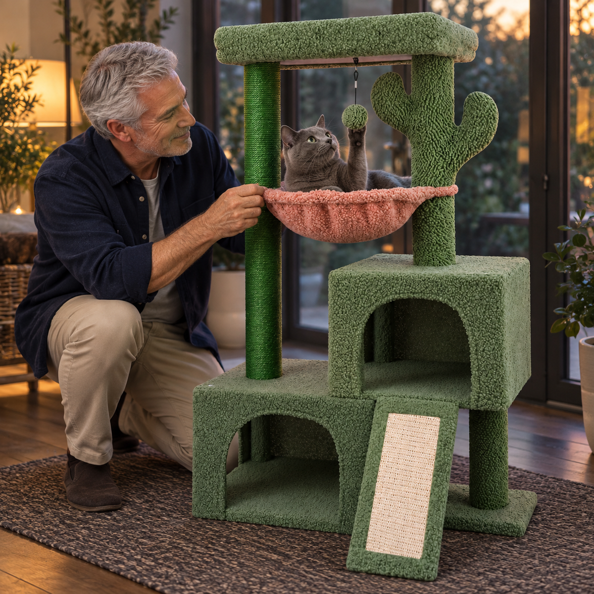 POUPIPETS Cat Tree Tower – 37.4" Cactus Condo with Hammock, Scratching Post & Perch