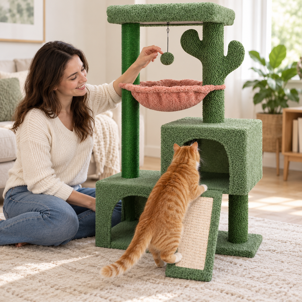 POUPIPETS Cat Tree Tower – 37.4" Cactus Condo with Hammock, Scratching Post & Perch