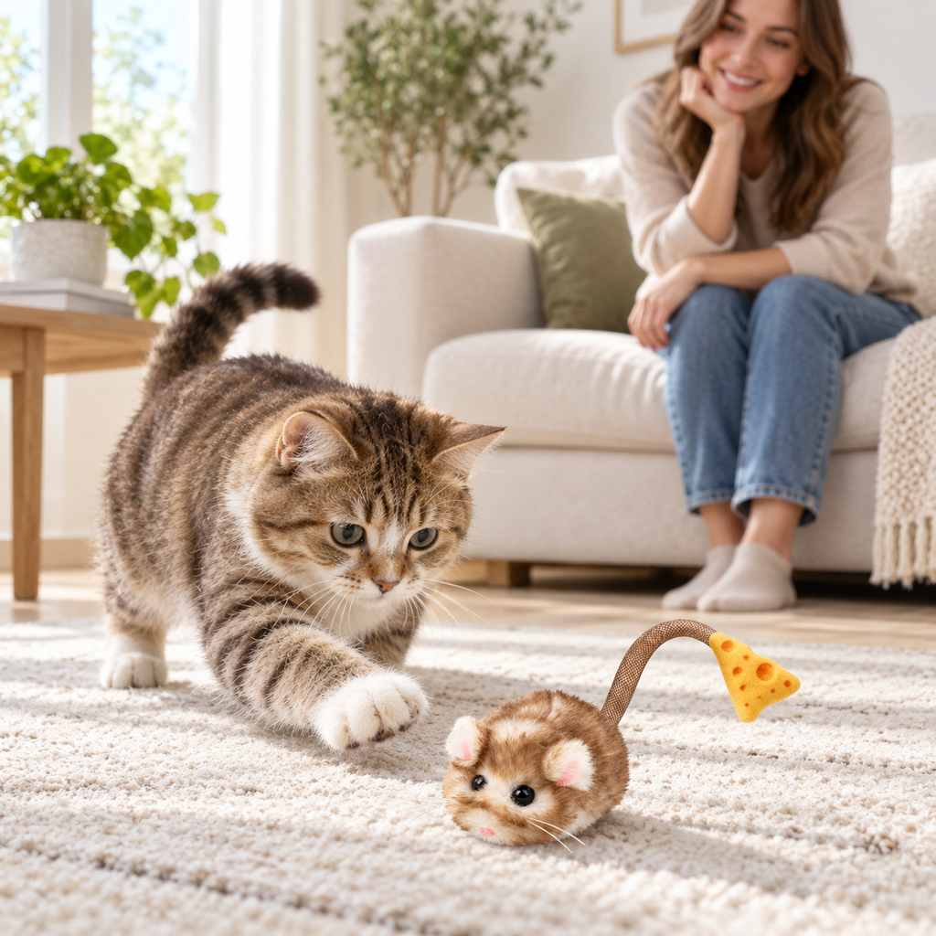 POUPIPETS Interactive Cat Toy – 360° Rolling Mouse with Motion Sensor & Squeak
