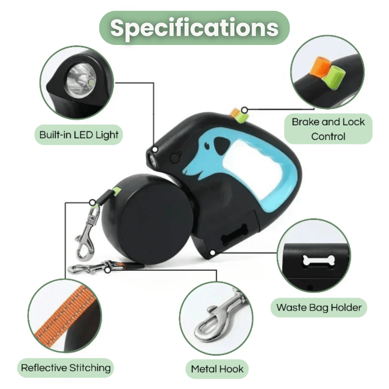 Dailypets 3-in-1 Dual Retractable Dog Leash with Flashlight & Waste Bag Holder