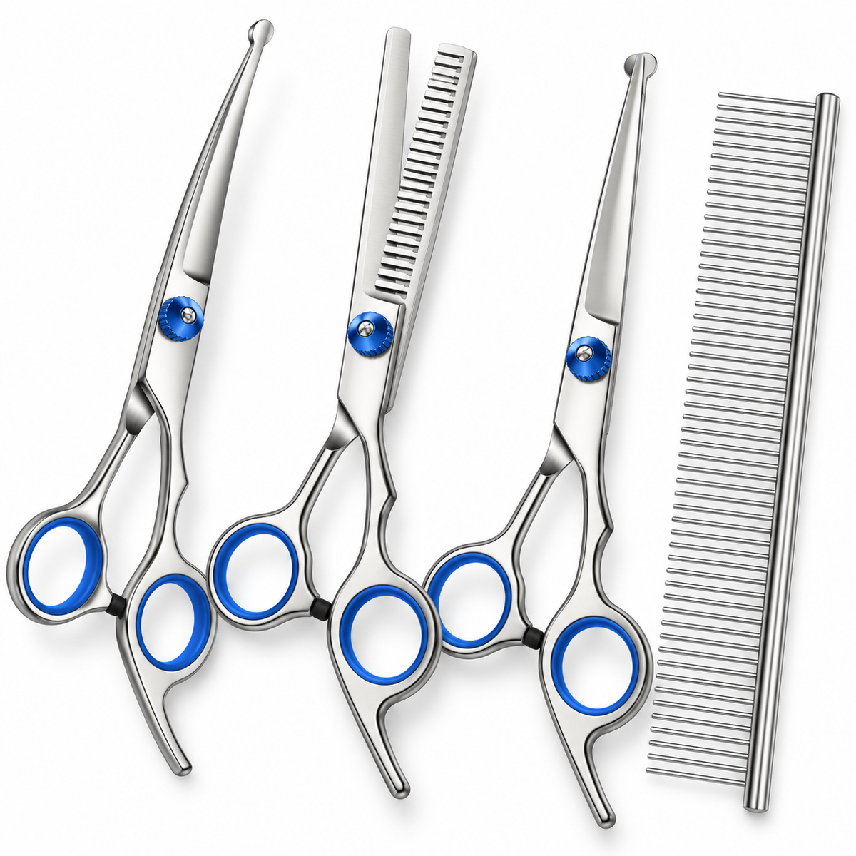 POUPIPETS Pet Grooming Scissors Set – Thinning & Curved Shears with Comb, 4-Piece