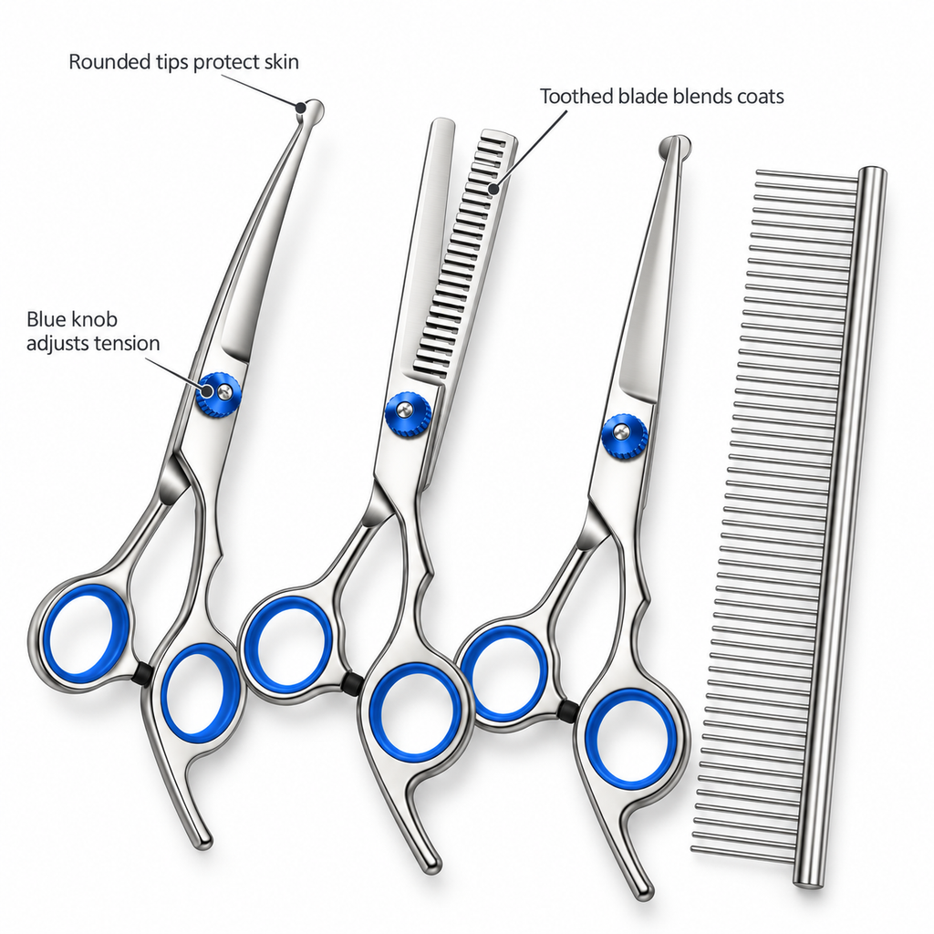POUPIPETS Pet Grooming Scissors Set – Thinning & Curved Shears with Comb, 4-Piece