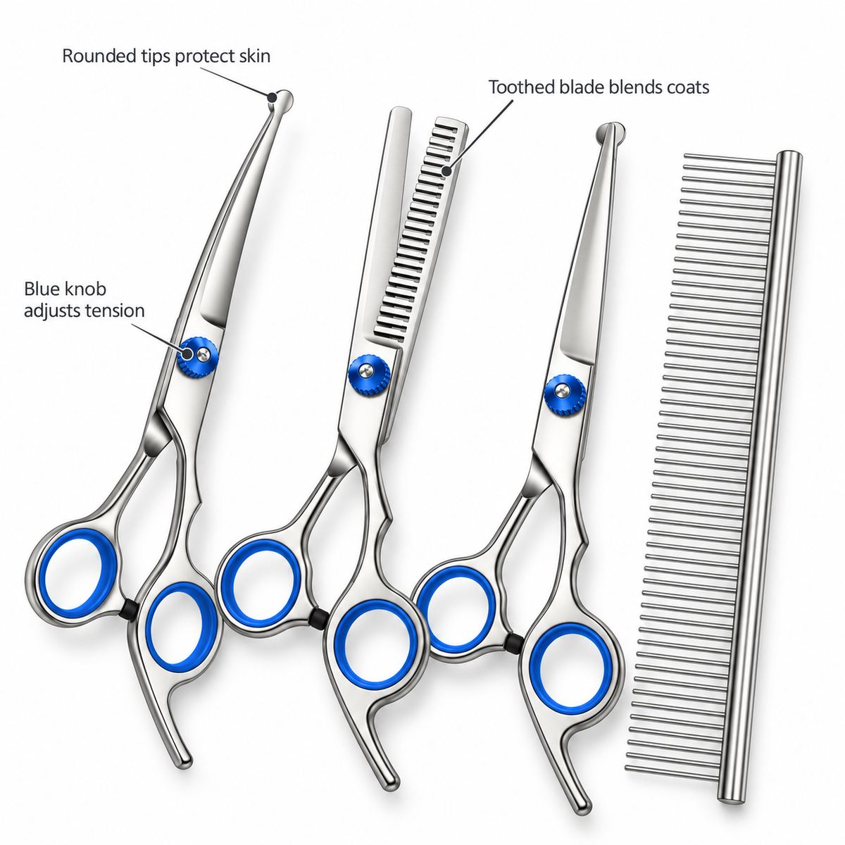 POUPIPETS Pet Grooming Scissors Set – Thinning & Curved Shears with Comb, 4-Piece