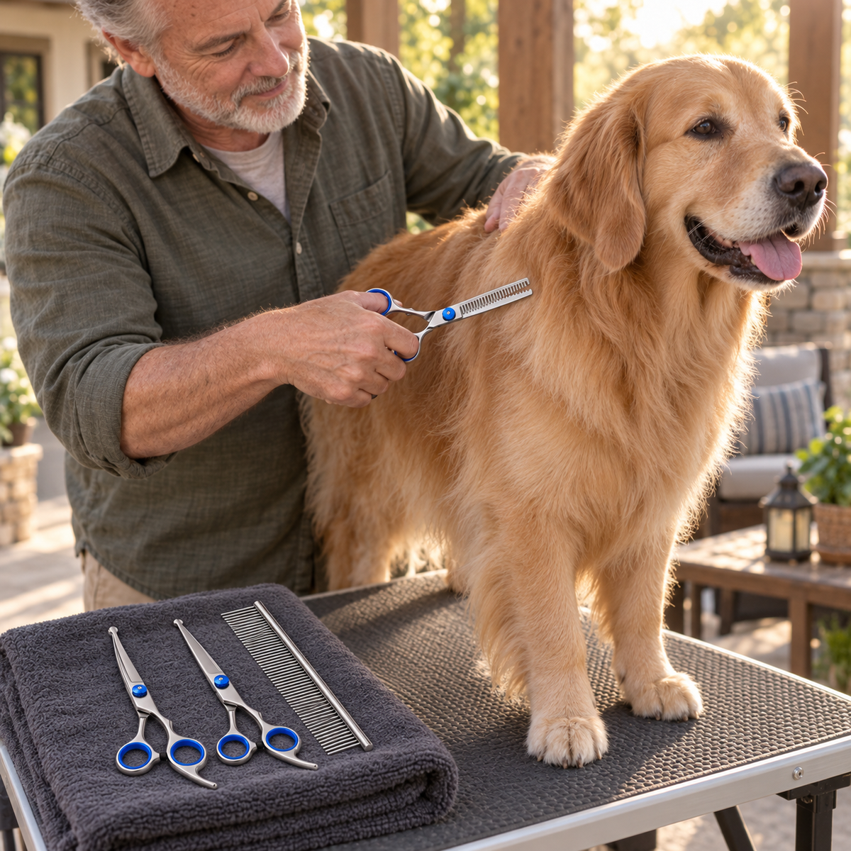 POUPIPETS Pet Grooming Scissors Set – Thinning & Curved Shears with Comb, 4-Piece